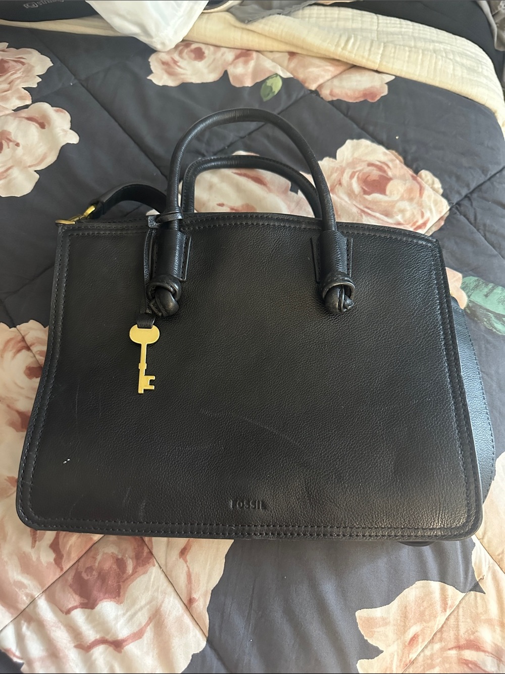 Fossil Black vintage Leather Satchel with Gold Key Charm